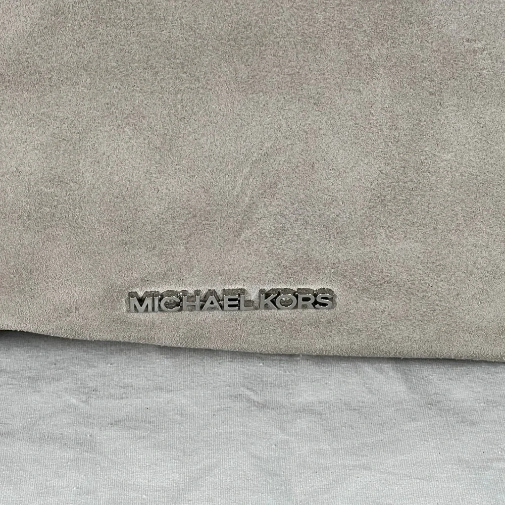 Michael Kors Handbag Gray Taupe Suede Leather Hobo Shoulder‎ Bag Silver MK Logo